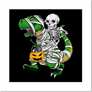 Skeleton Riding Mummy T Rex Halloween Boys Girls Kids Posters and Art